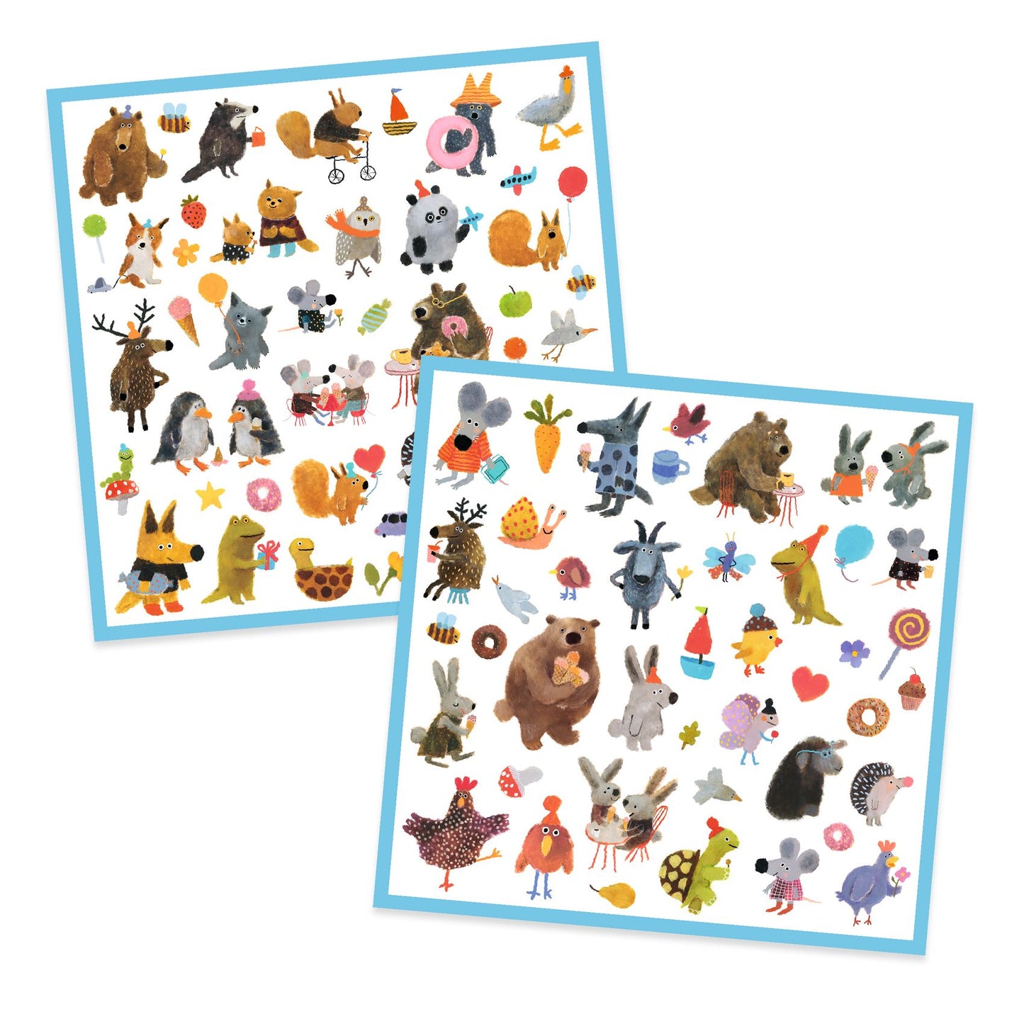 Deux planches remplies d'autocollants d'animaux mignons et poétiques (ours, pingouins, souris) de la collection Fluffy Friends.