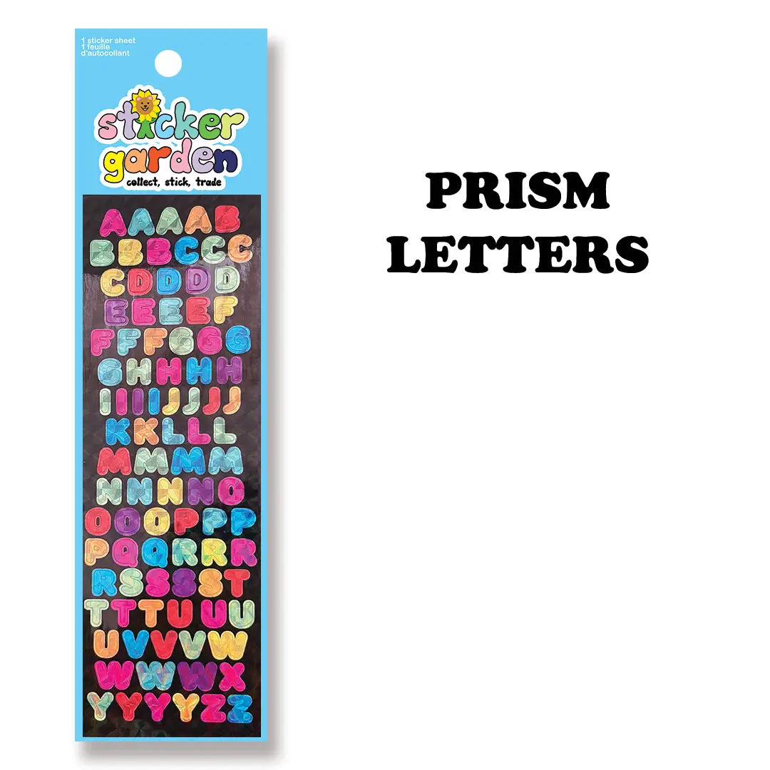 Planche d'autocollants de lettres de l'alphabet brillantes My Sticker Garden sur fond blanc.