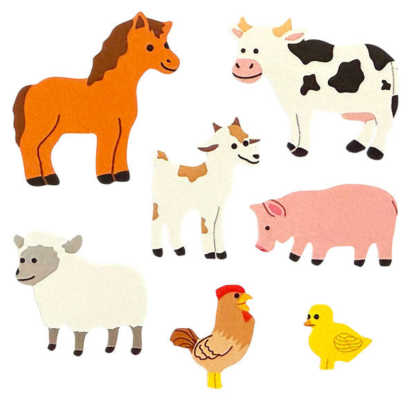 Détail des autocollants d'animaux de la ferme rétro incluant un cheval, une vache, une chèvre, un cochon et une poule.
