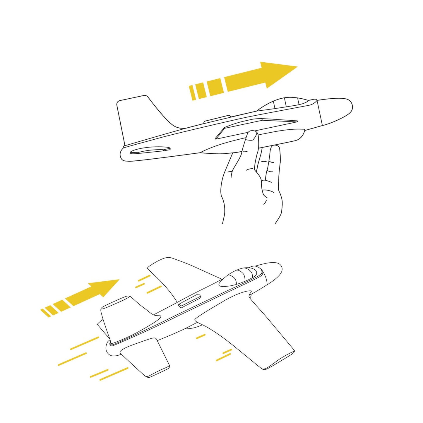Schéma explicatif en noir et blanc montrant comment tenir et lancer l'avion planeur Djeco pour le faire voler.