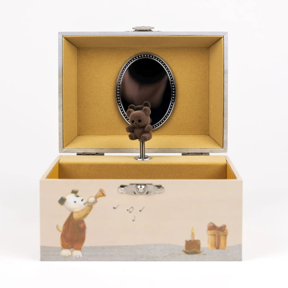 Vue de face d'une boîte à musique ouverte Egmont Toys avec figurine d'ourson brun devant un miroir et intérieur jaune.