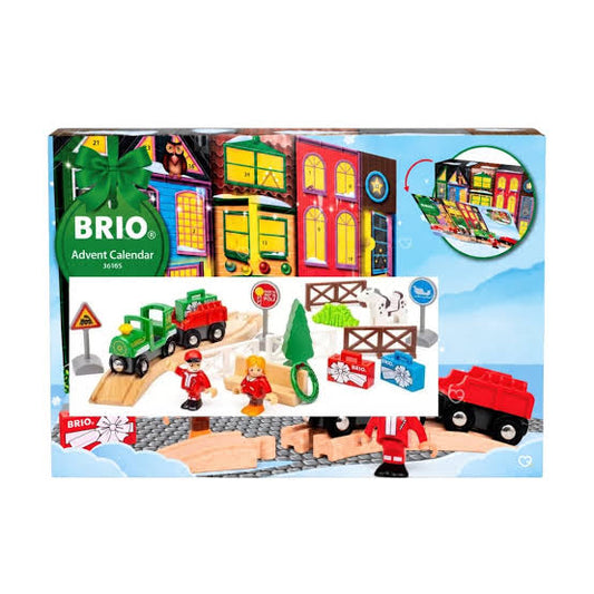 Boîte du calendrier de l'Avent BRIO 36165 avec illustration d'un circuit de train enneigé, de figurines et de décors de Noël.