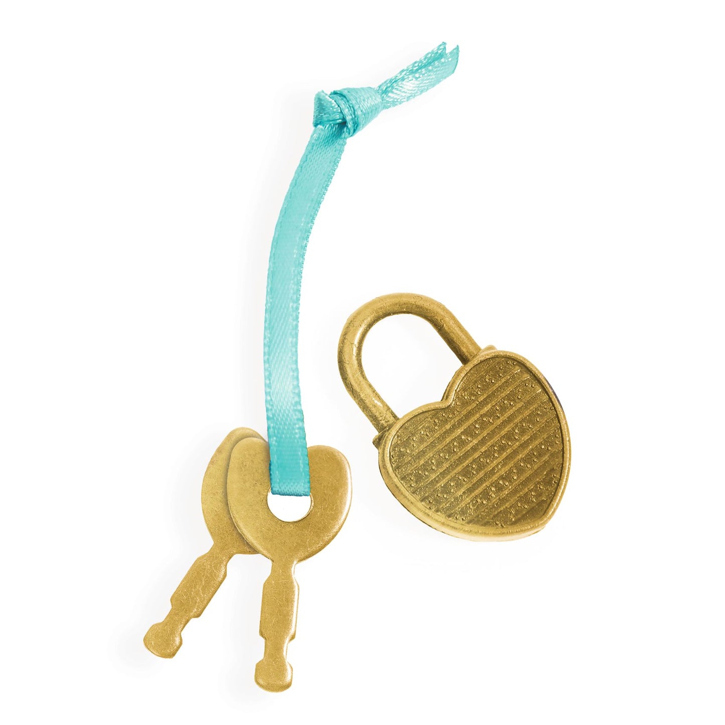 Cadenas doré en forme de cœur avec ses deux clés attachées par un ruban bleu pour journal intime Djeco.