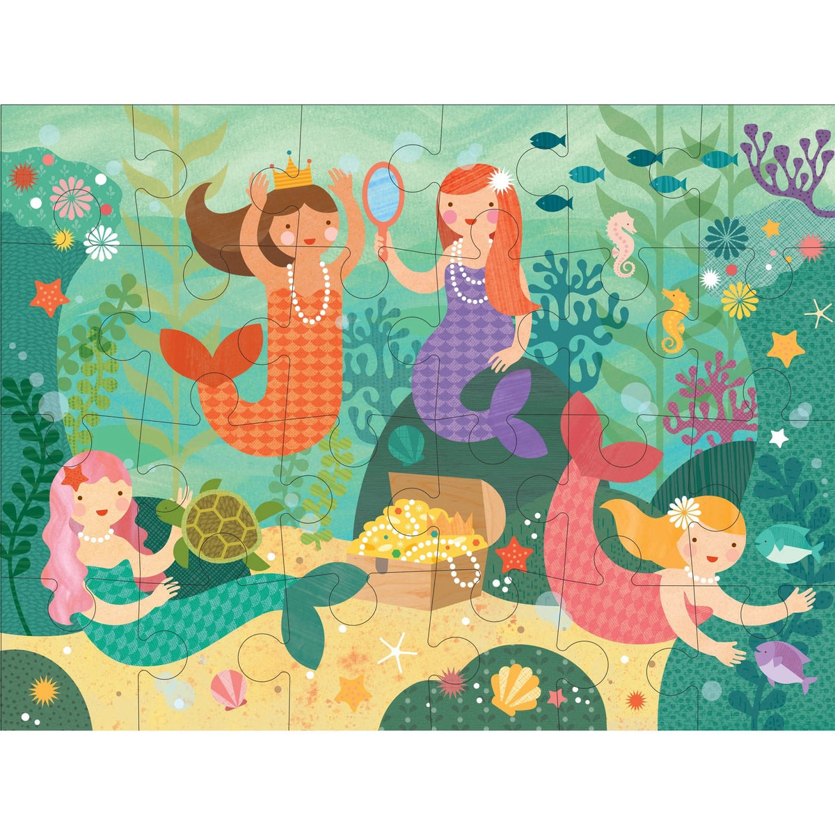 Casse-tête géant Amies sirènes de 24 pièces Petit Collage assemblé, représentant un décor sous-marin féerique avec des sirènes, une tortue et un coffre au trésor.