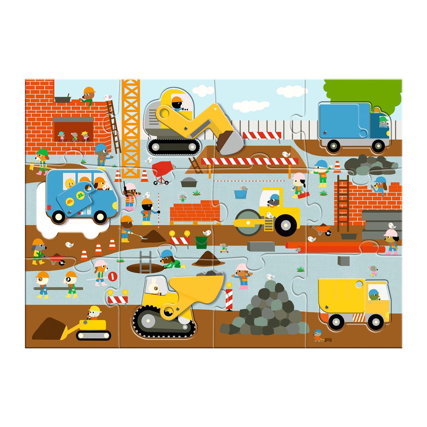 Vue d'ensemble du puzzle géant de 12 pièces Le Chantier Djeco avec ses véhicules de construction intégrés dans l'illustration.
