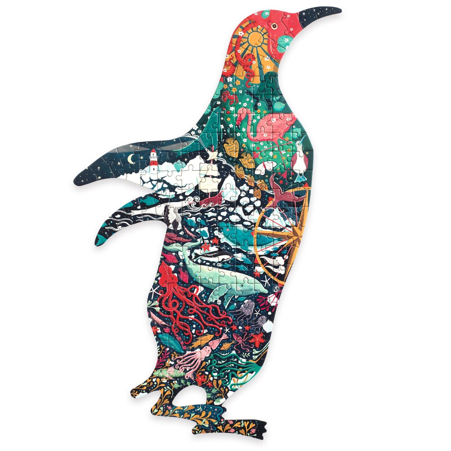 Casse-tête de silhouette Puzz'Art Penguin 150 pièces de Djeco assemblé, illustré de baleines, pieuvres, phares et animaux marins.
