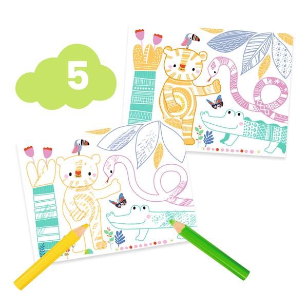 Étape 5 de coloriage avec des gros crayons de couleur ergonomiques sur une illustration d'animaux de la jungle.