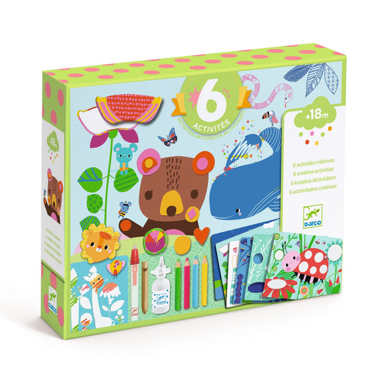 Boîte du coffret 6 activités créatives Djeco pour tout-petits dès 18 mois avec collage, coloriage, cartes à gratter et peinture à l'eau.