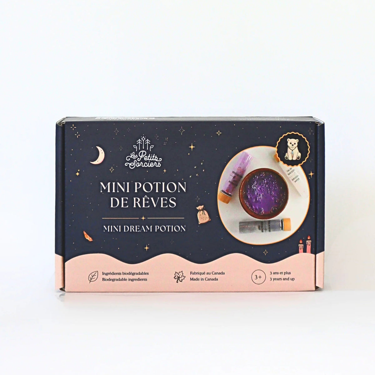 Boîte du kit créatif Mini Potion de Rêves Les Petits Sorciers comprenant des fioles d'ingrédients magiques et paillettes violettes pour enfants dès 3 ans.