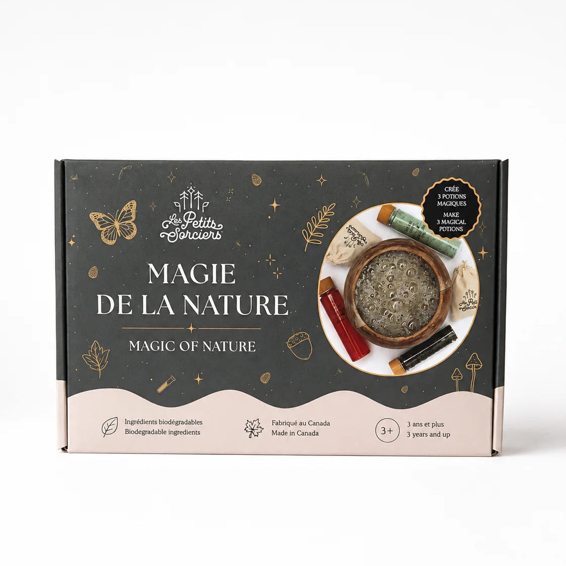 Boîte du jeu créatif Coffret Potion magique de la nature Les Petits Sorciers illustrée de fioles et d'éléments de la forêt.