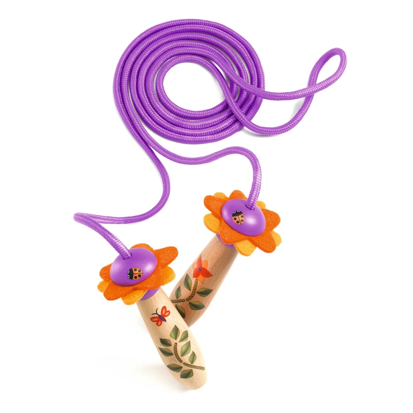 Corde à sauter violette Florita de Djeco avec poignées en bois illustrées de fleurs, de feuilles et d'une coccinelle.