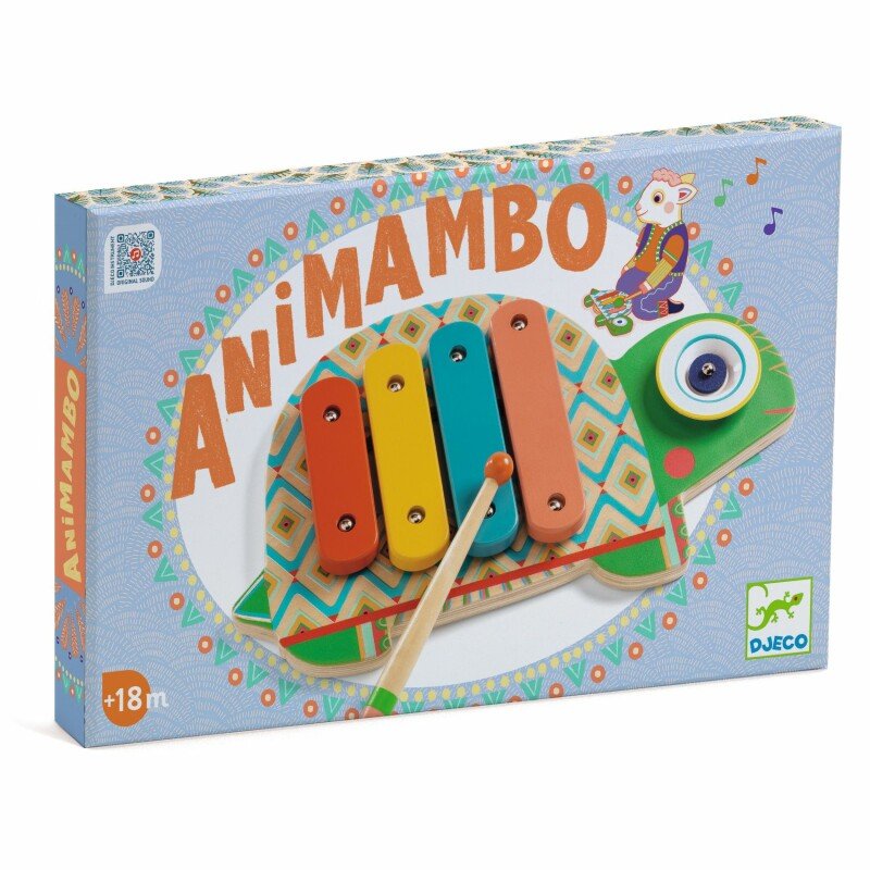 Boîte d'emballage du métallophone tortue Animambo de Djeco pour les enfants dès 18 mois, instrument d'éveil musical en bois coloré.