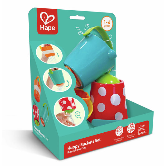 Emballage de l'ensemble de seaux de bain rigolos Happy Buckets Set de Hape adapté pour les enfants de 1 à 6 ans.