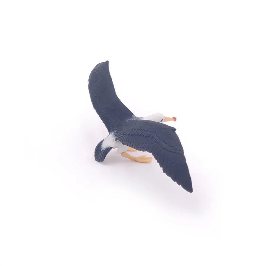 Figurine réaliste d'albatros Papo montrant le plumage gris foncé du dessus des ailes et du dos, vue du dessus sur fond blanc.