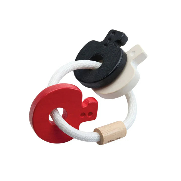 BLACK-WHITE-RED CONTRAST WOODEN KEY RATTLE