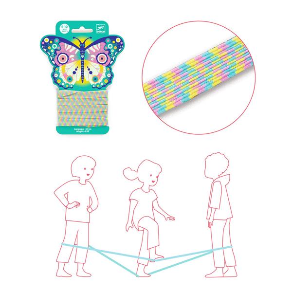 Présentation du jeu d'élastique Djeco avec un zoom sur la texture tricolore de la bande et un schéma illustrant trois enfants en train d'y jouer.