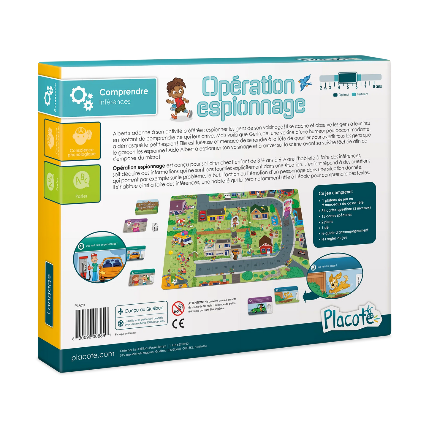Dos de la boîte du jeu éducatif Opération espionnage de Placote expliquant les objectifs pédagogiques pour développer les inférences chez les enfants de 3 ans et demi à 6 ans et demi.