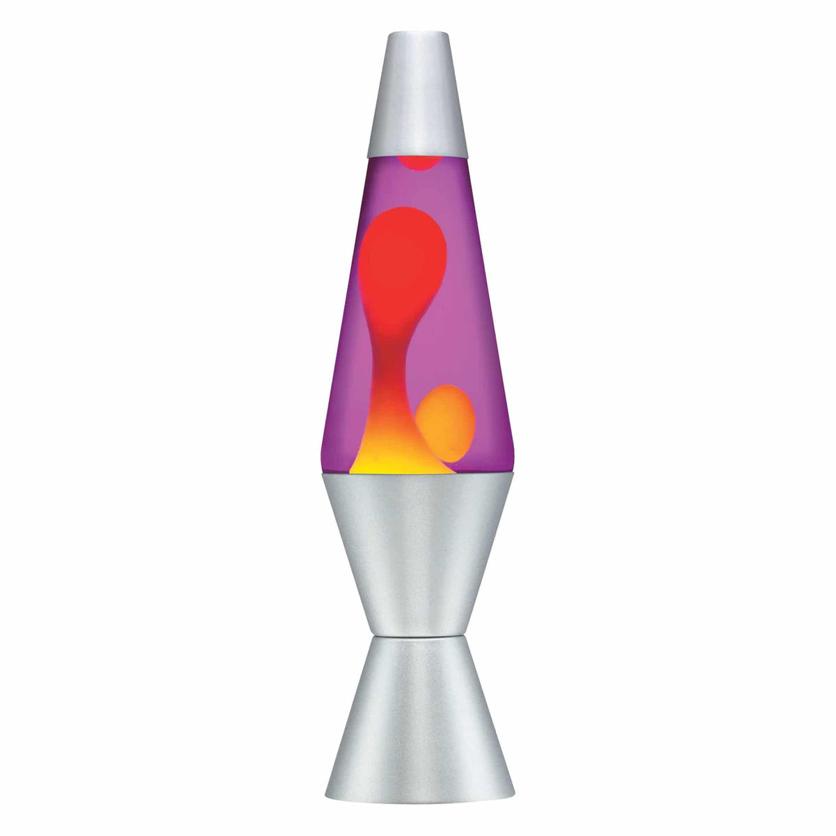 Lampe à lave décorative jaune et mauve Schylling avec base et capuchon coniques en métal argenté.