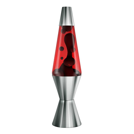Lampe à lave décorative rouge et noire Schylling avec base et capuchon coniques en métal argenté.