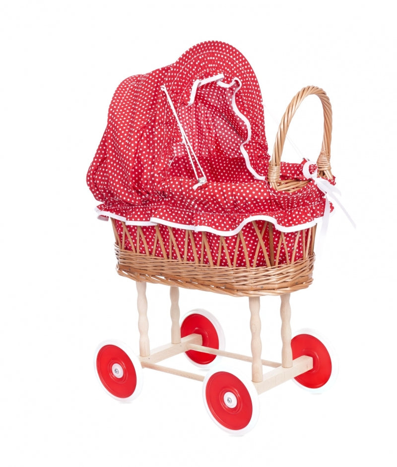 PRAM WICKER WITH RED AND WHITE DOTS
