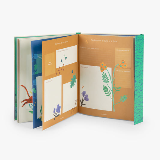 Vue intérieure ouverte du livre de naissance La Forêt Mawa de Moulin Roty, montrant des pages illustrées avec des emplacements pour photos et souvenirs.