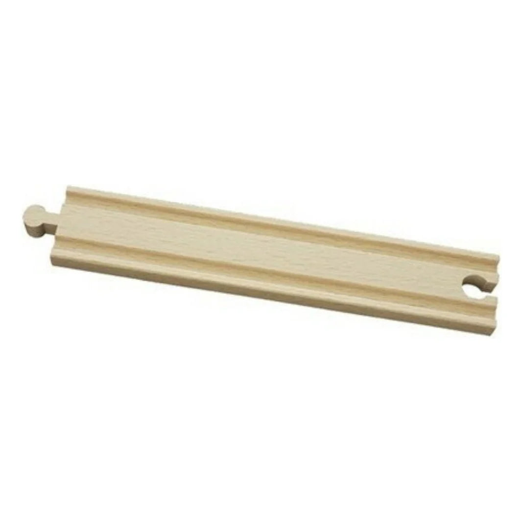 Rail droit long en bois pour circuit de train BRIO avec embouts d'emboîtement.