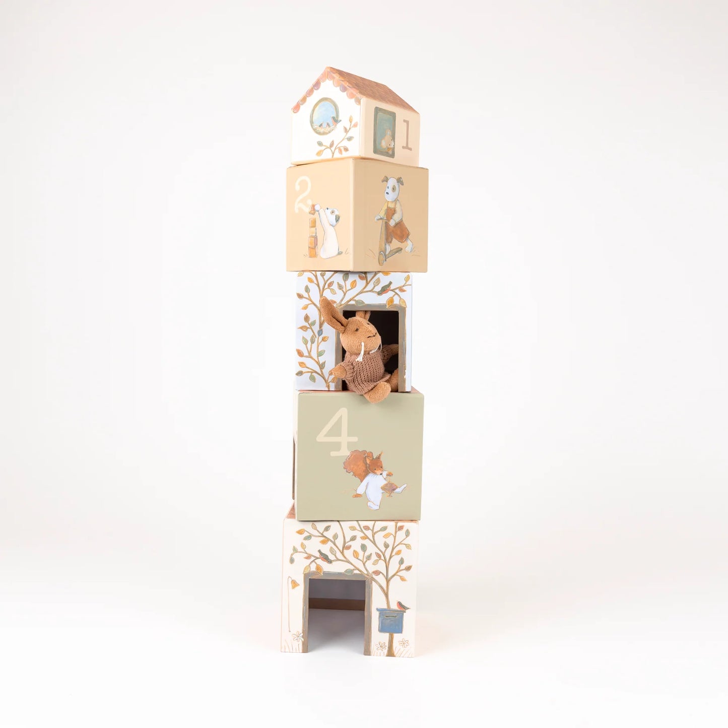 Cubes à empiler et maisons de figurines en carton Lenny le lapin Egmont Toys avec fenêtres ouvertes.