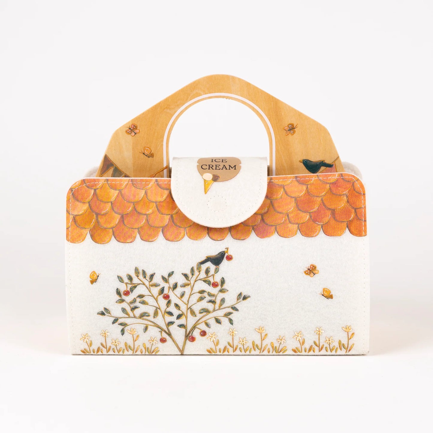 Dos du sac de transport du glacier en bois avec poignée intégrée et rabat aimanté illustré d'un arbre fruitier Egmont Toys.