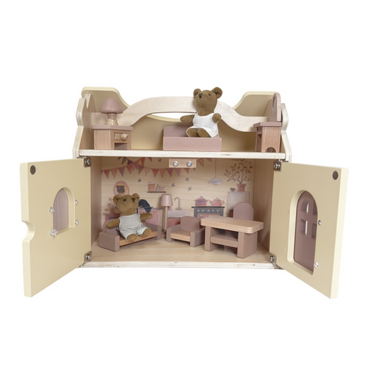 WOODEN DOLLHOUSE WITH BEAR