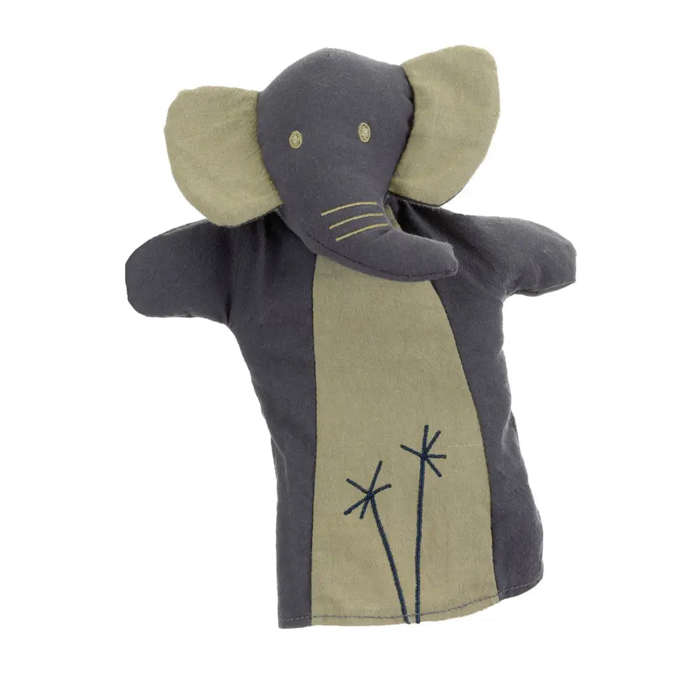 Marionnette à main en tissu à l'effigie d'un éléphant gris et vert de la marque Egmont Toys.