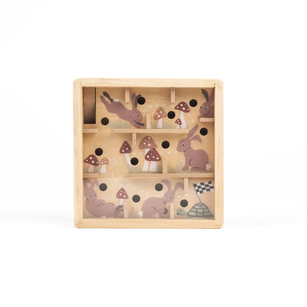 Jeu de patience en bois mini-labyrinthe à billes Egmont Toys sur le thème de la forêt, illustré de lapins bruns, de champignons et d'une tortue près de la ligne d'arrivée.