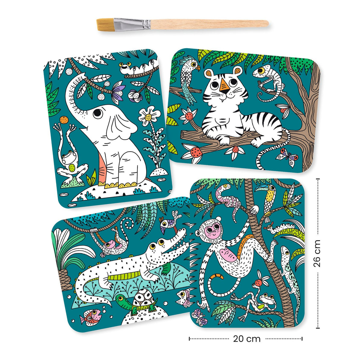 Les quatre planches réutilisables du coffret peinture magique Jungle Djeco et leur pinceau à eau.