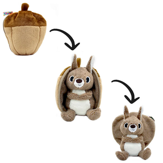 Étapes de transformation de la peluche réversible 2 en 1 Flipetz Les Déglingos du gland vers l'écureuil.