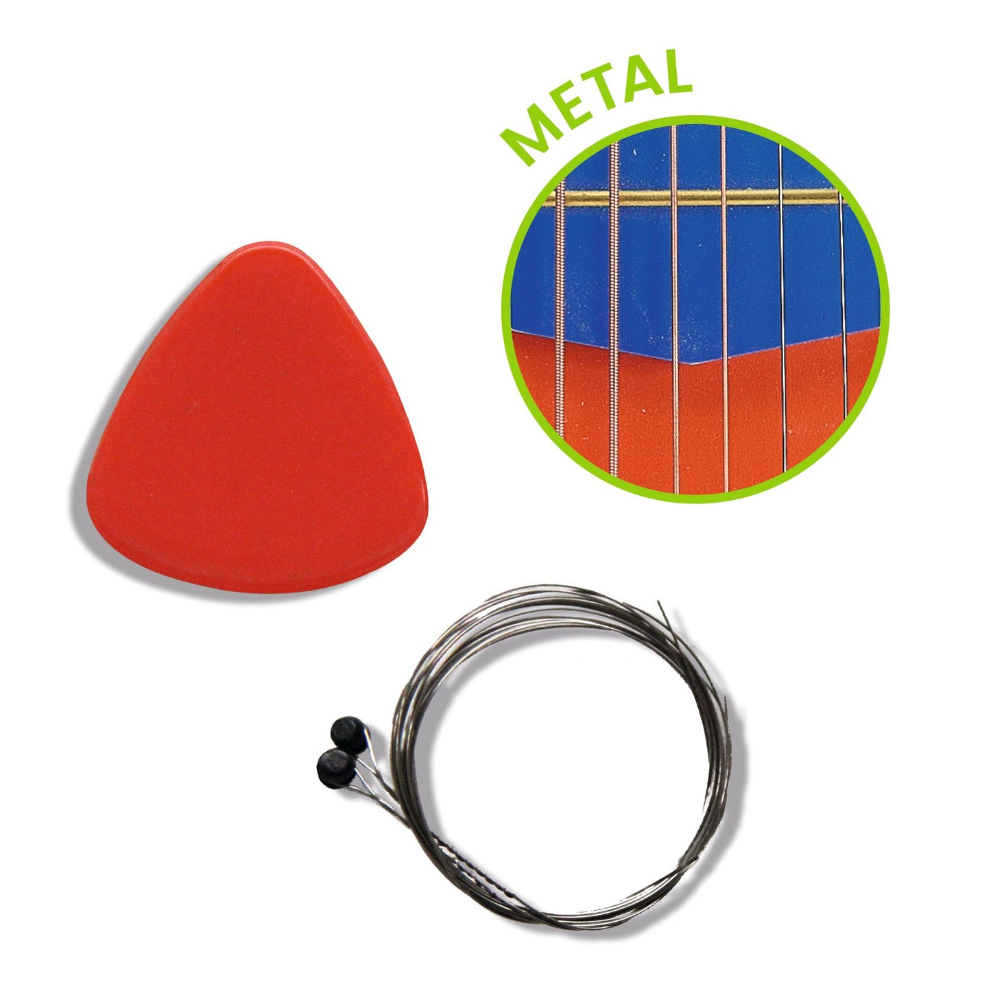 Détail de la guitare pour enfant Animambo Djeco montrant un plectre (médiator) rouge, une corde de rechange et un zoom sur ses cordes métalliques.