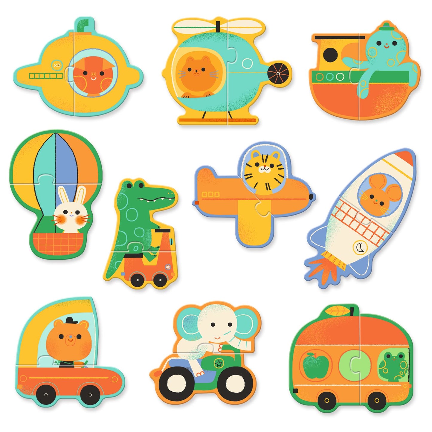 Ensemble des 10 mini-puzzles de 2 pièces Djeco montrant divers animaux rigolos aux commandes de leurs véhicules.