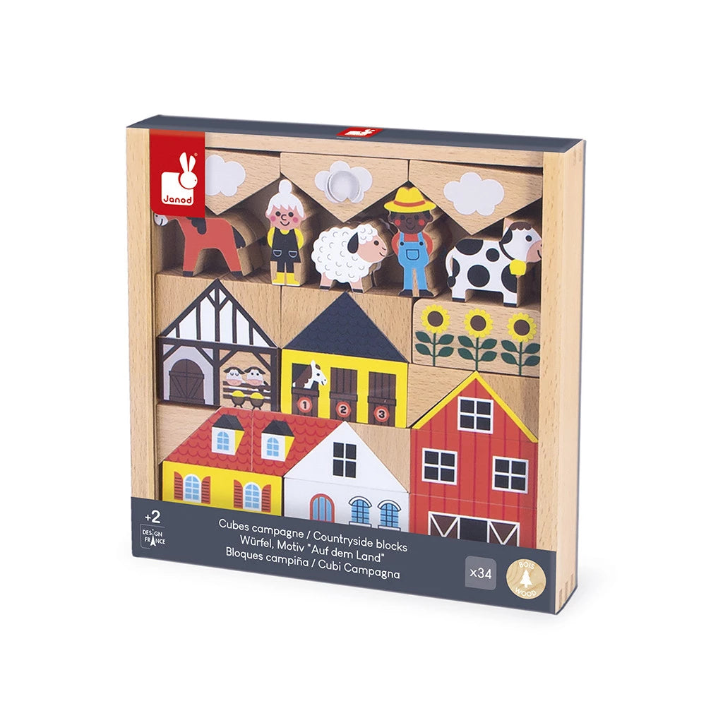 SET DE 34 CUBES EN BOIS CAMPAGNE "CROSS ROADS"