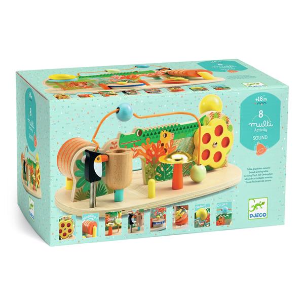 Boîte du jeu d'éveil musical "8 Multi Activity Sound" de Djeco pour enfants dès 18 mois, représentant la table d'activités en bois avec ses 8 animations sonores.