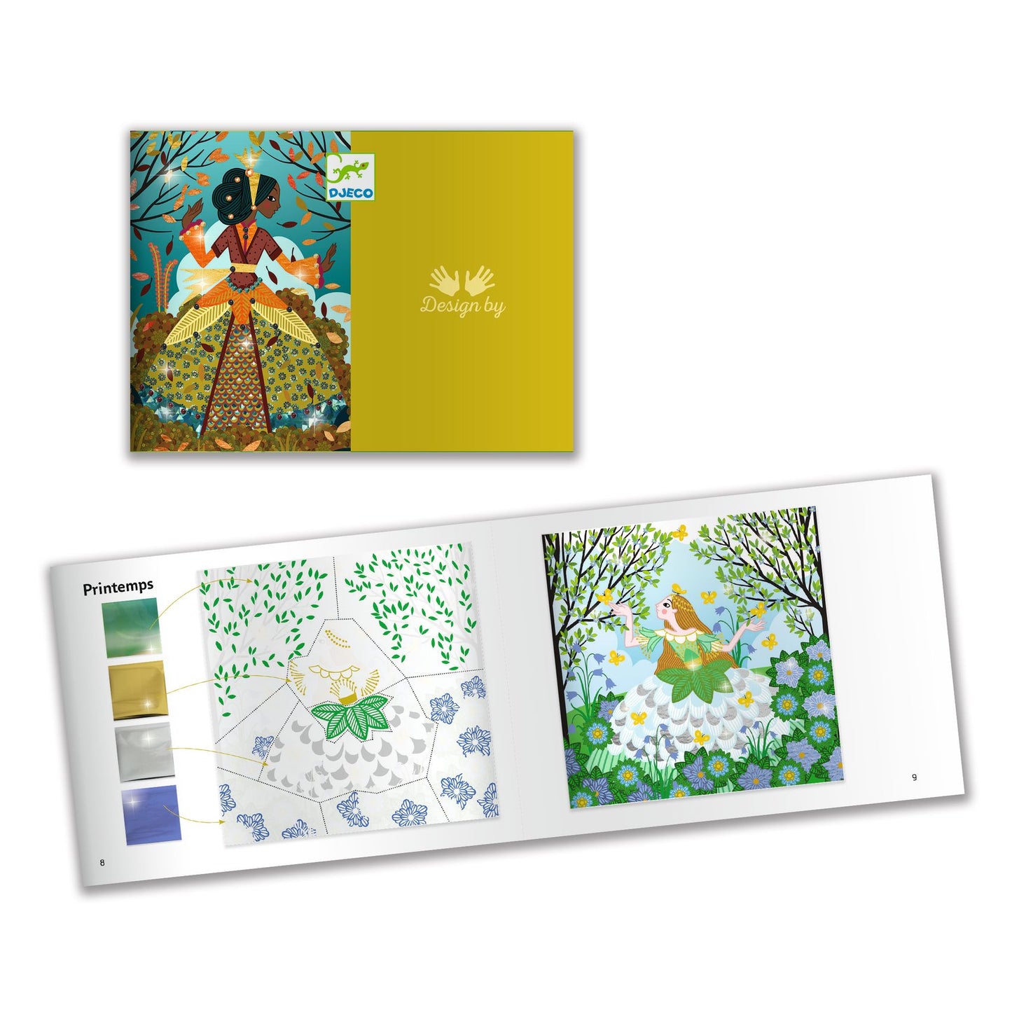 Livret d'instructions pas à pas inclus dans le coffret créatif Métal et strass de Djeco montrant la réalisation du tableau de printemps.