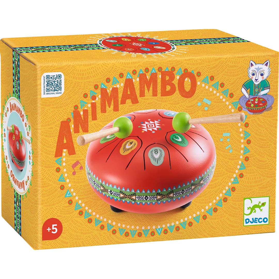 Boîte d'emballage du tambour à languettes rouge de la gamme Animambo par Djeco, instrument de musique d'éveil pour les enfants dès 5 ans.