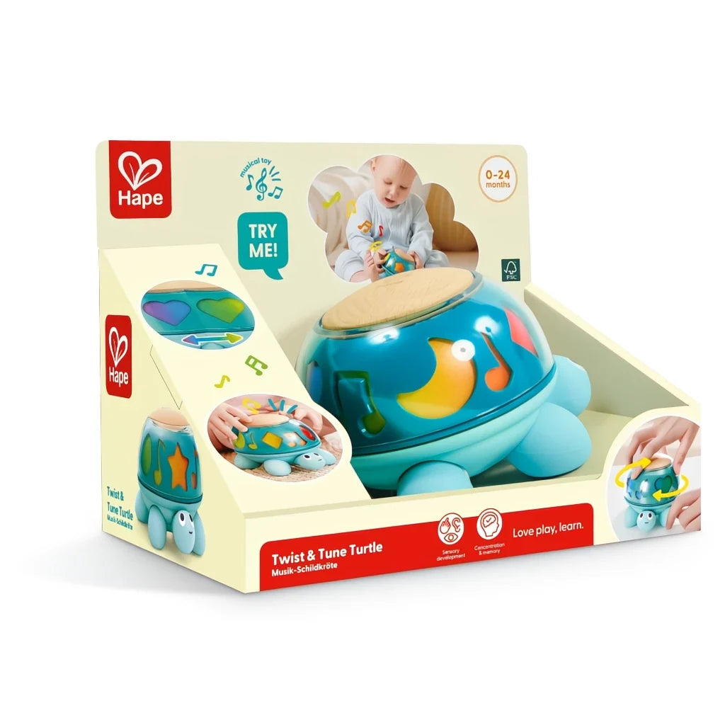 Emballage du jouet Twist & Tune Turtle de Hape adapté pour les enfants de 0 à 24 mois.