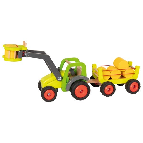 WOODEN FRONT-END LOADER TRACTOR WITH HAY WAGON