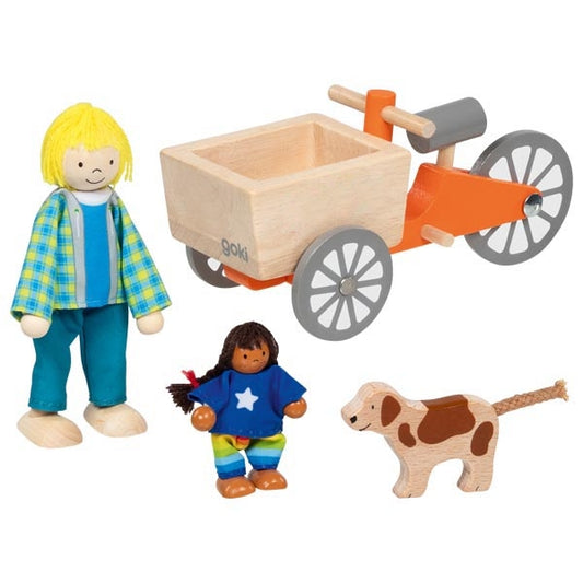 WOODEN CARGO BIKE WITH BENDABLE DOLLS AND DOG