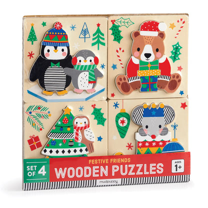 SET OF 4 WOODEN PUZZLES "FESTIVE FRIENDS"