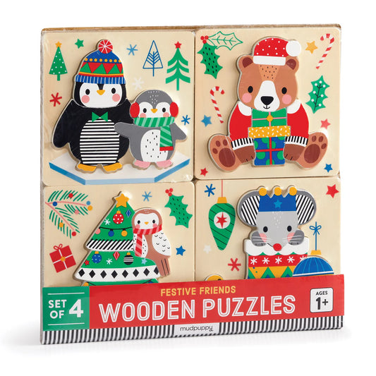 SET OF 4 WOODEN PUZZLES "FESTIVE FRIENDS"