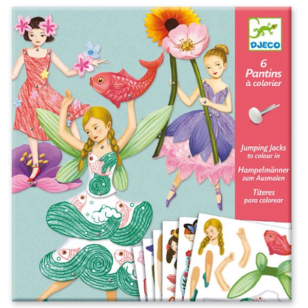 Pochon du coffret créatif 6 Pantins à colorier Fées de Djeco présentant des exemples de fées articulées colorées et décorées.