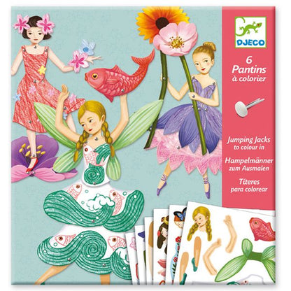Pochon du coffret créatif 6 Pantins à colorier Fées de Djeco présentant des exemples de fées articulées colorées et décorées.