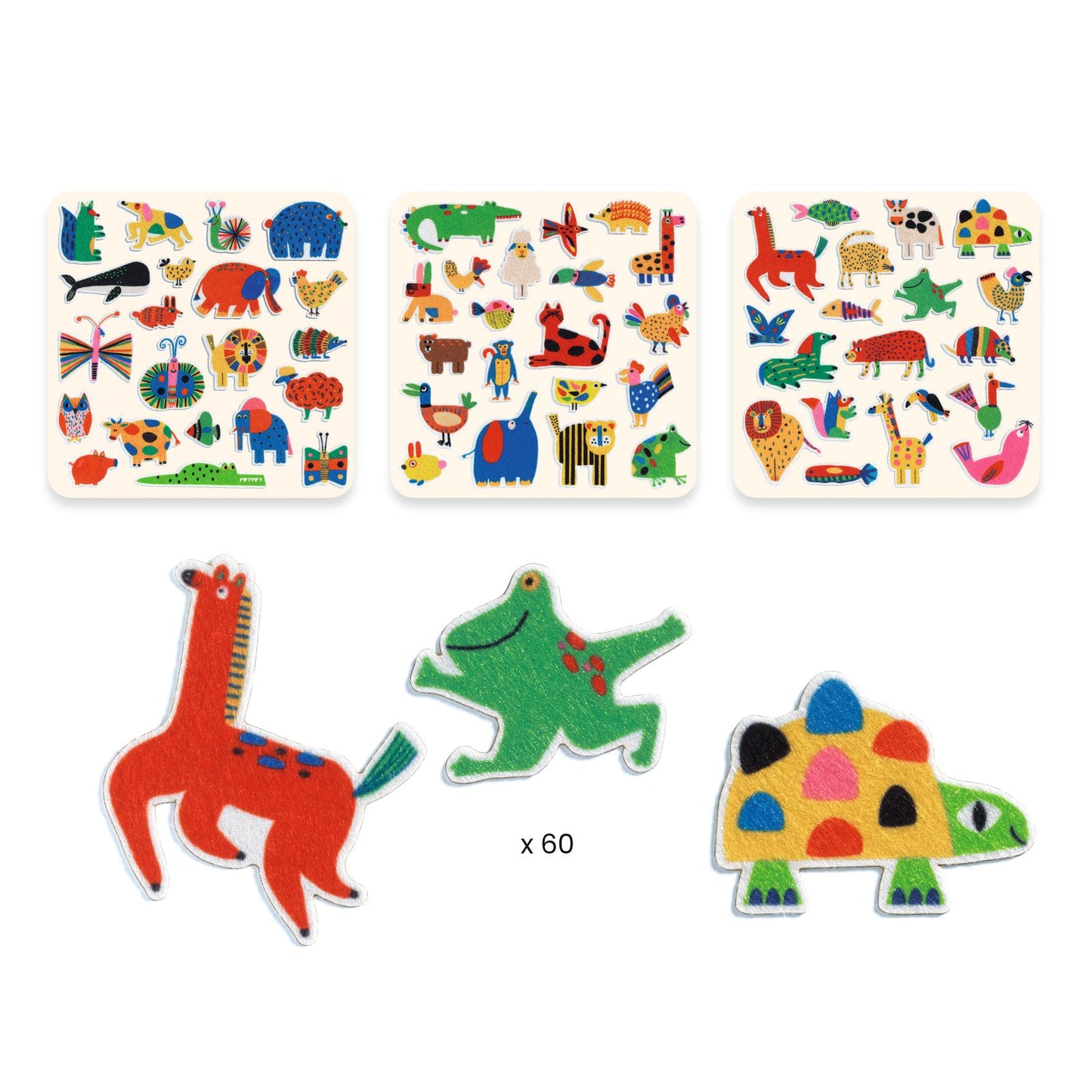 Les trois planches illustrées incluses dans le coffret et un zoom sur les gommettes de girafe, de grenouille et de tortue.