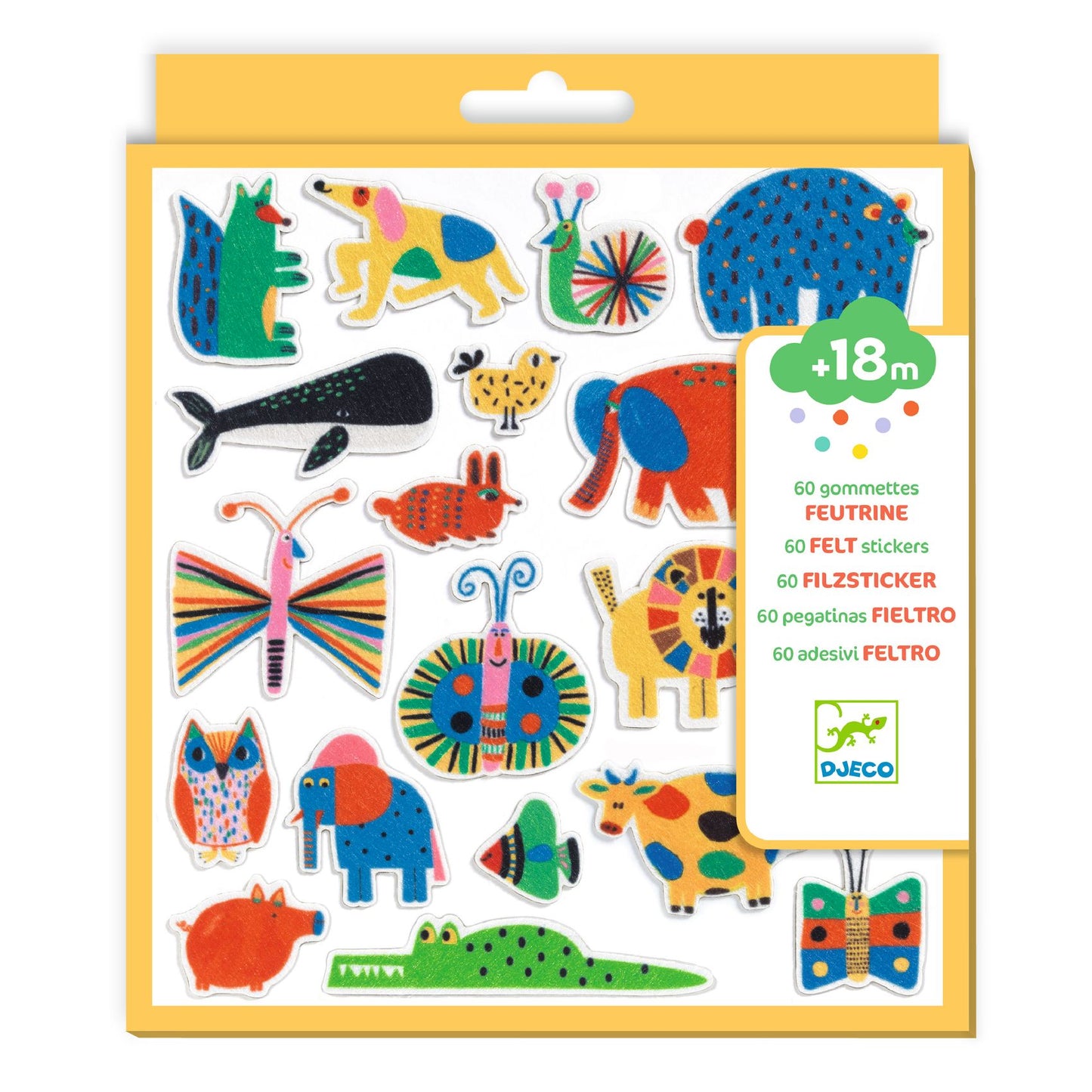 Pochette de 60 gommettes en feutrine Animaux partout de Djeco pour les enfants dès 18 mois.