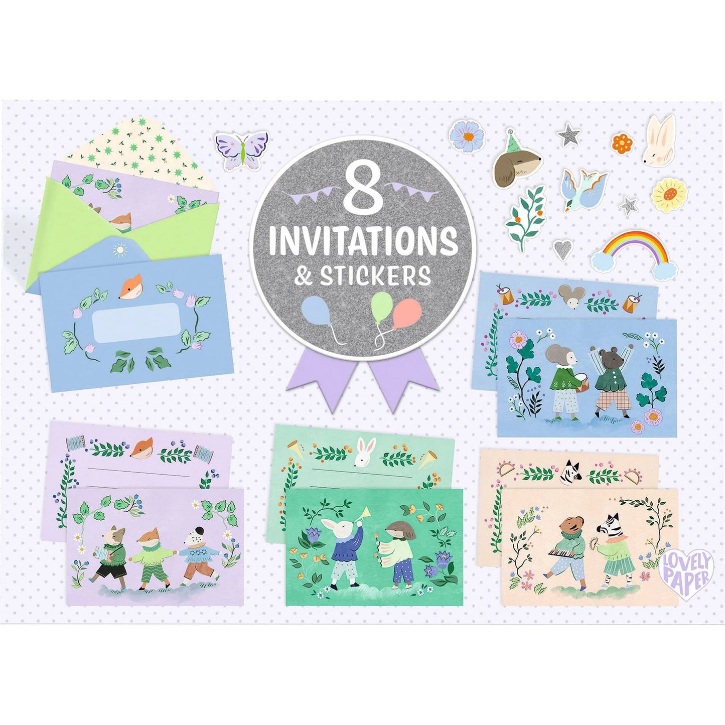8 INVITATIONS & AUTOCOLLANTS "FANFARE DES ANIMAUX"