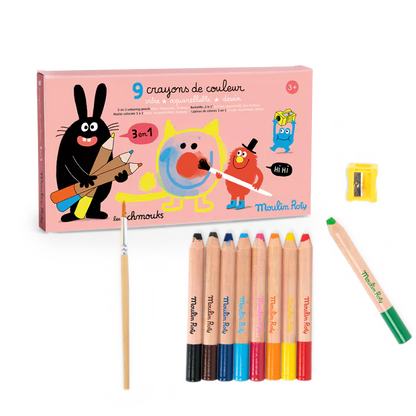 9 CRAYONS DE COULEURS 3 EN 1 "LES SCHMOUKS"